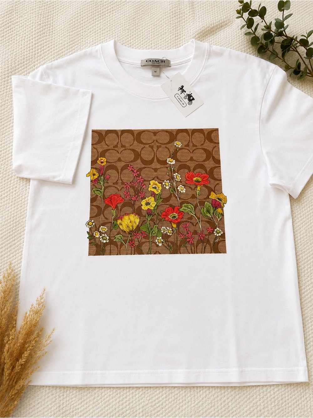Coach White Tee with Brown Signature Square and Red Yellow Floral Print